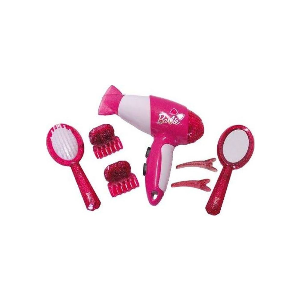 Ein pinkes Barbie-Spielzeugset mit Haartrockner, Bürste, Spiegel, zwei Haarclips und zwei kleinen Aufsätzen.