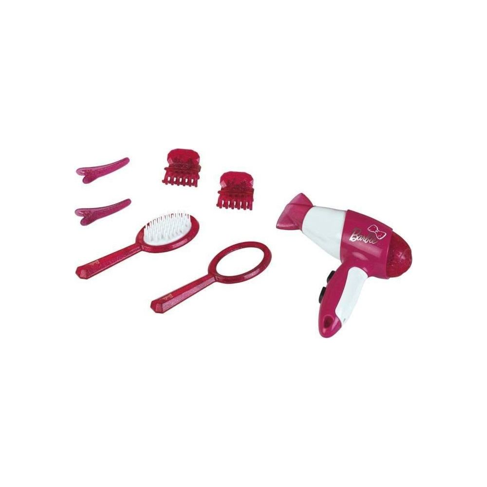 Ein pink-weißes Barbie-Haarspielset mit Föhn, Bürste, Spiegel, Spangen und Clips auf weißem Grund.