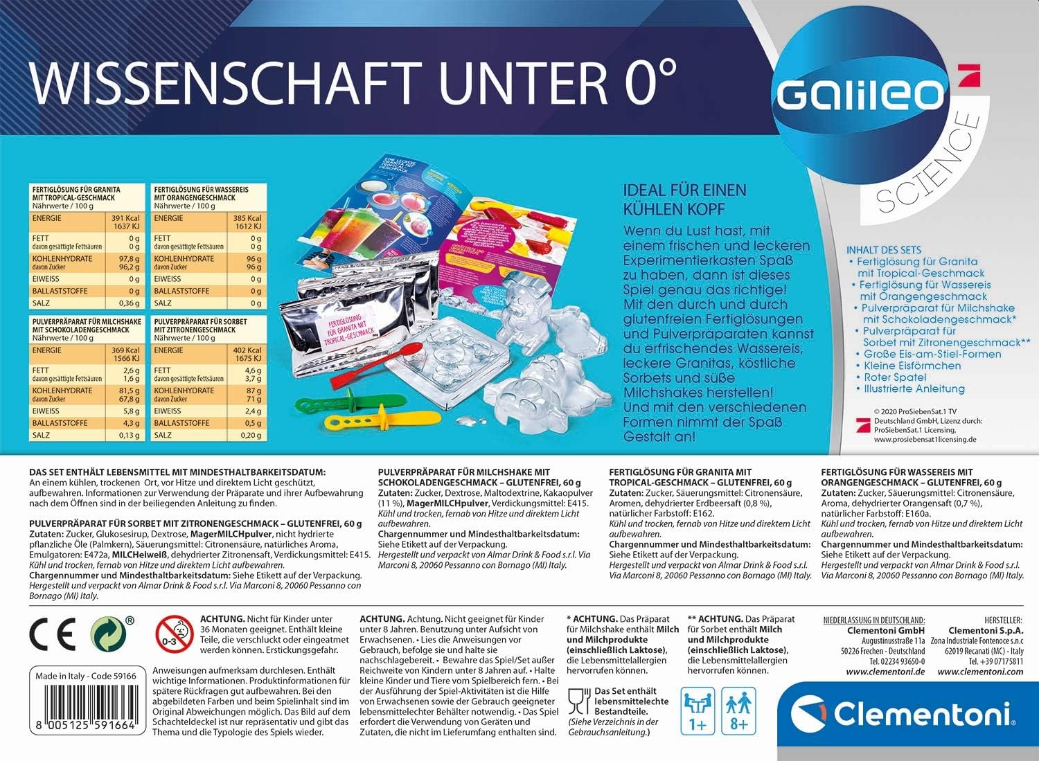 Galileo Science Experimentierkasten Verpackung mit Nährwerttabellen und Hinweisen auf Blau und Weiß.