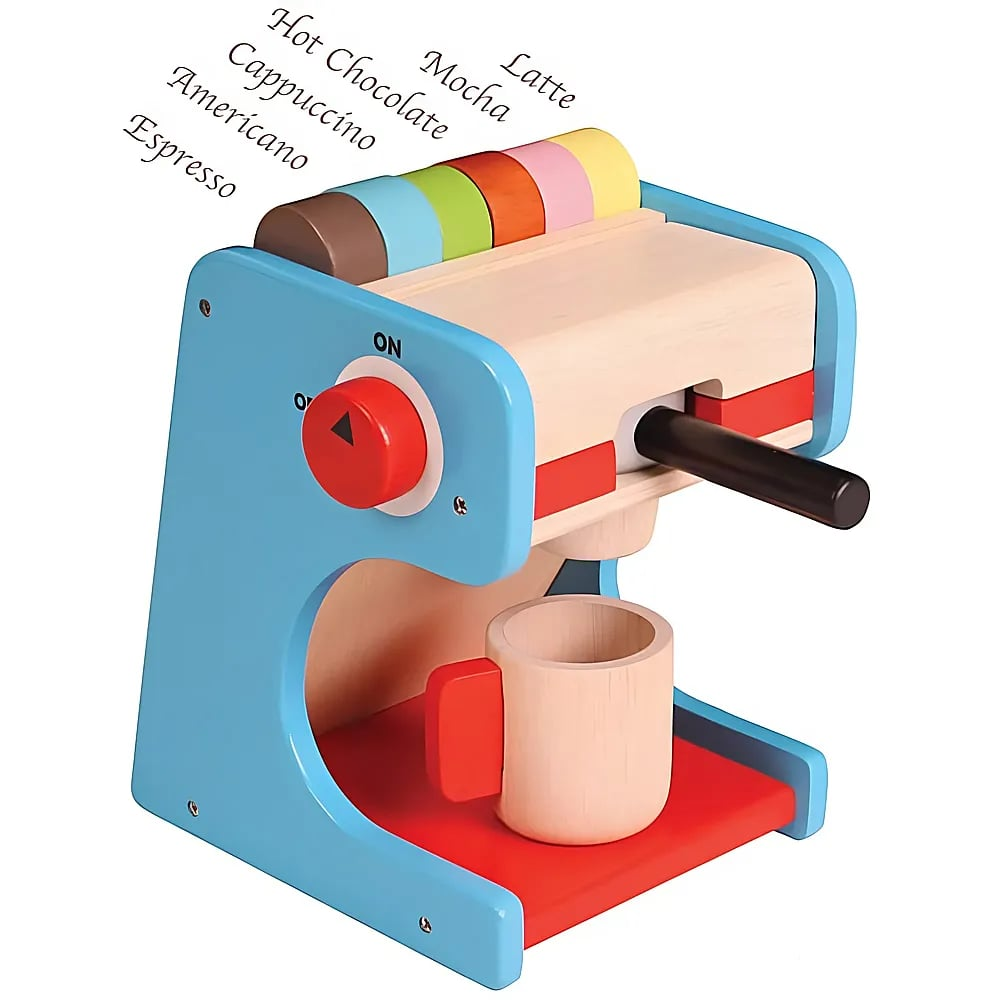 Eine hölzerne Spielzeug-Kaffeemaschine in Blau und Rot mit farbigen Knöpfen und einer Tasse.