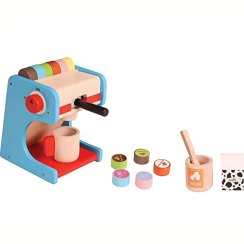 Eine bunte Holzkaffeemaschine mit Tasse, Kaffeepads, Zuckertopf und Milchkarton vor weißem Hintergrund.