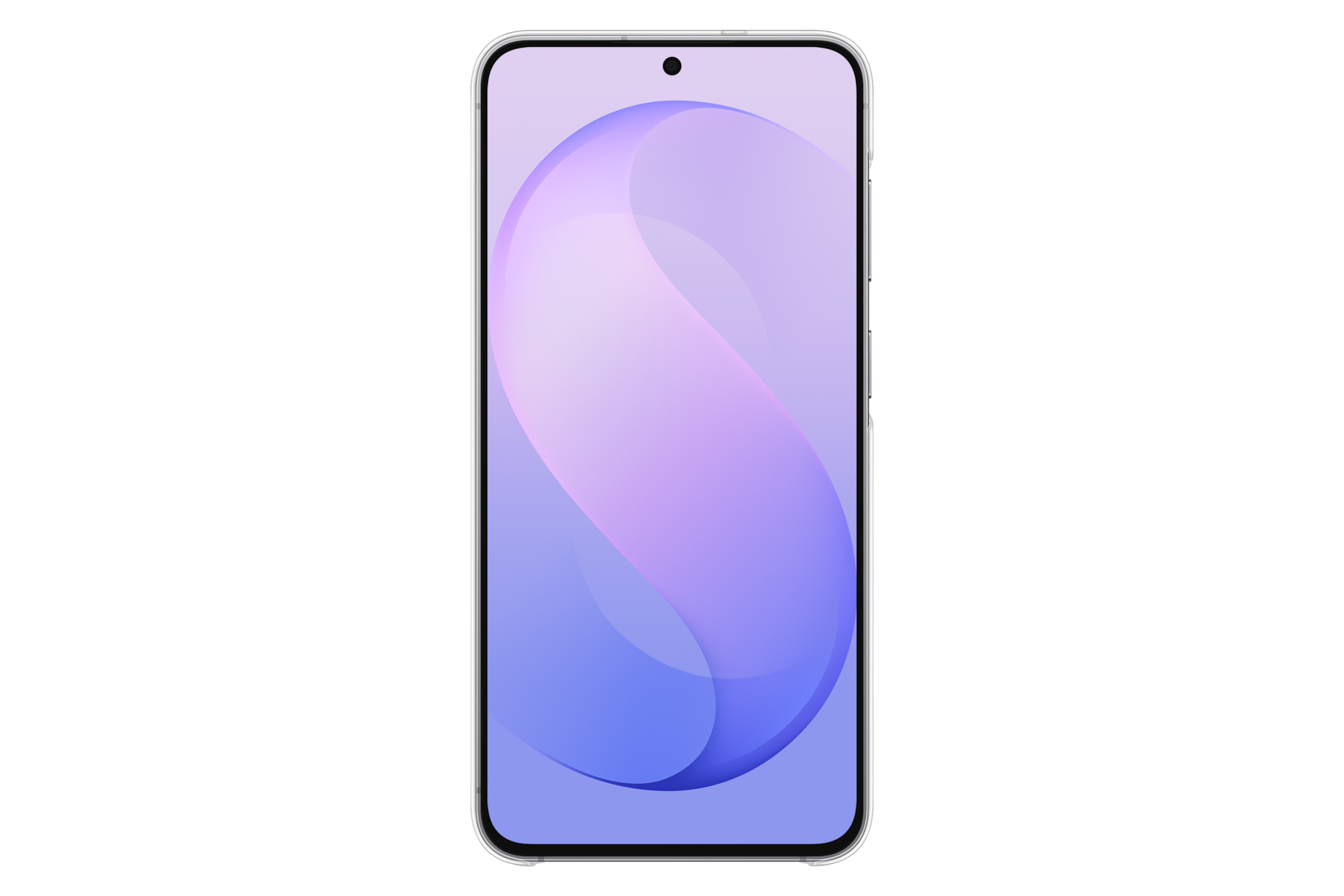Uno smartphone in una custodia protettiva trasparente mostra uno sfondo viola astratto sullo schermo.