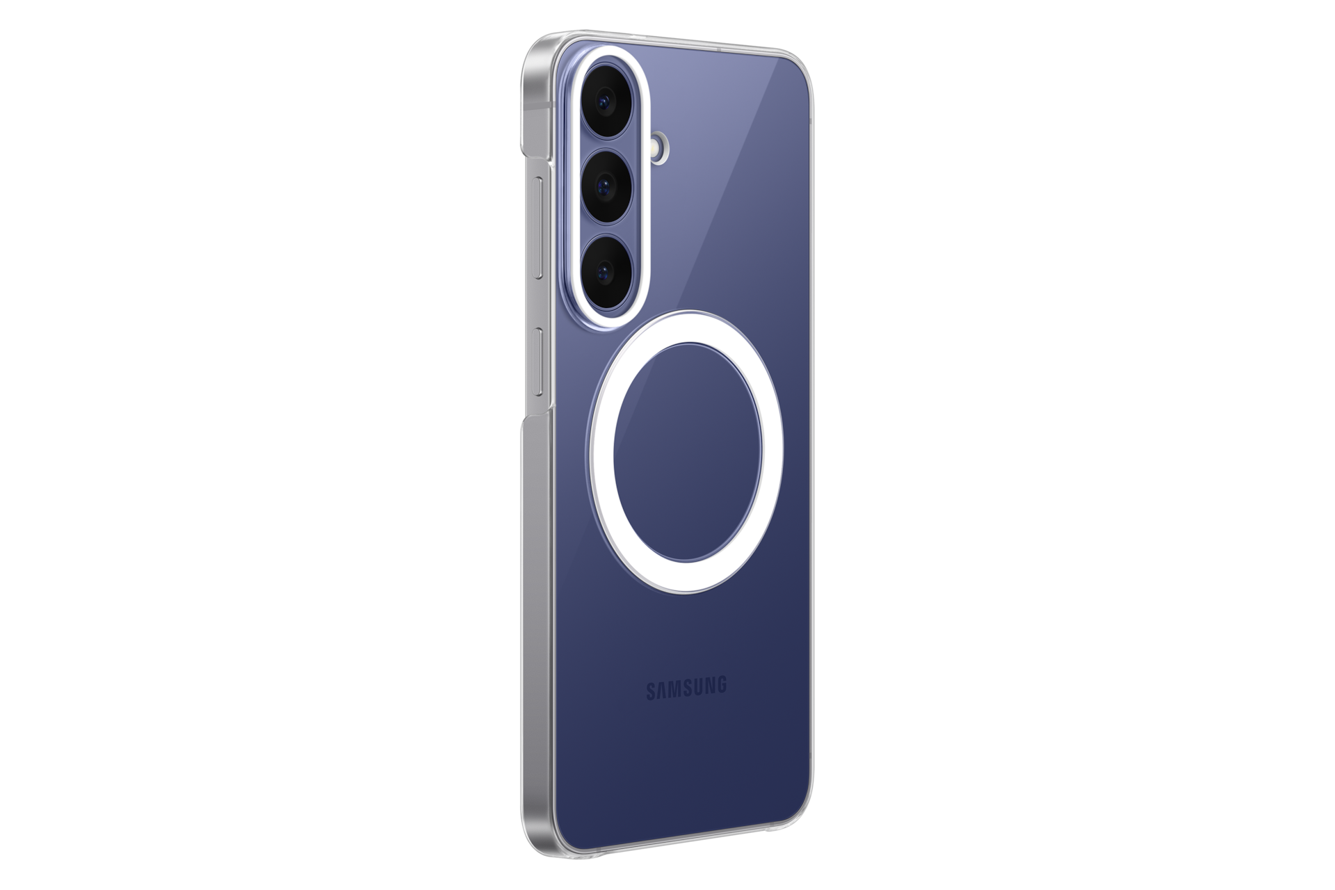 Telefono Samsung viola in custodia trasparente con anello MagSafe, tripla fotocamera verticale e logo Samsung su sfondo nero.