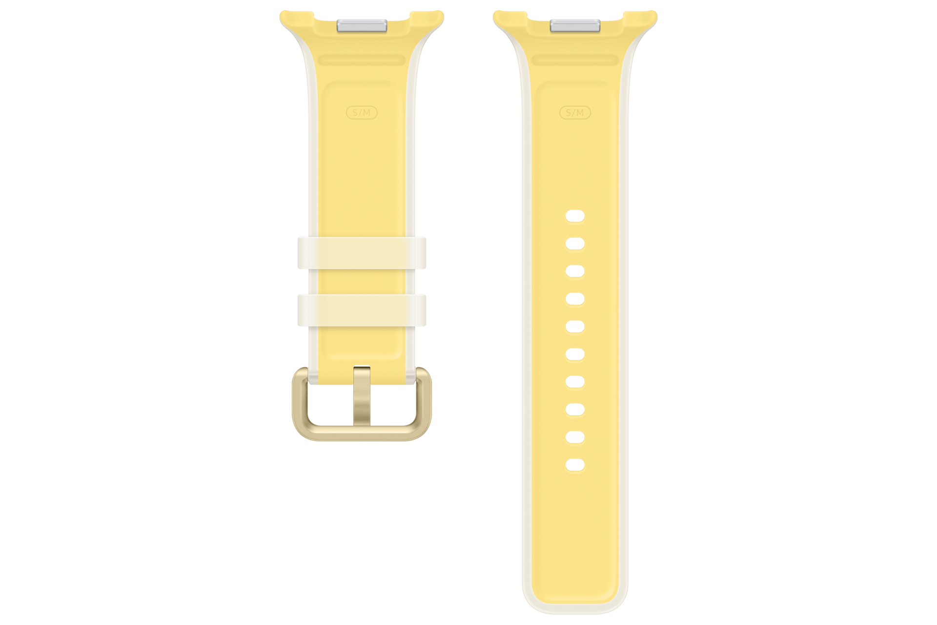 Due viste di un cinturino per smartwatch in silicone giallo con dettagli in metallo dorato.