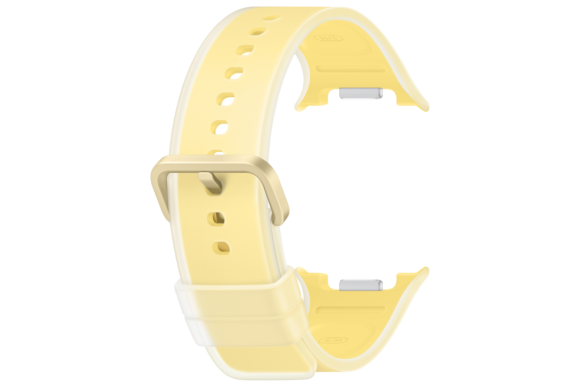 Un cinturino per orologio in silicone giallo chiaro con fibbia dorata su sfondo nero.