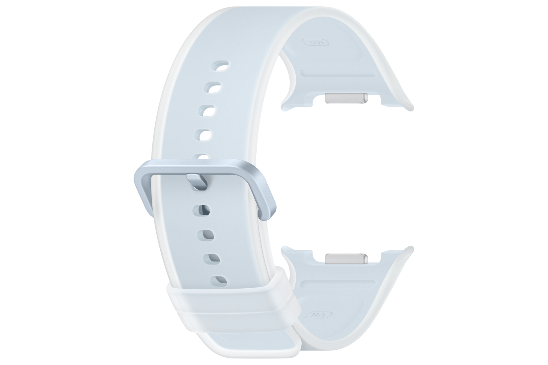 Un cinturino per smartwatch azzurro chiaro con fibbia e connettori argentati su sfondo nero.