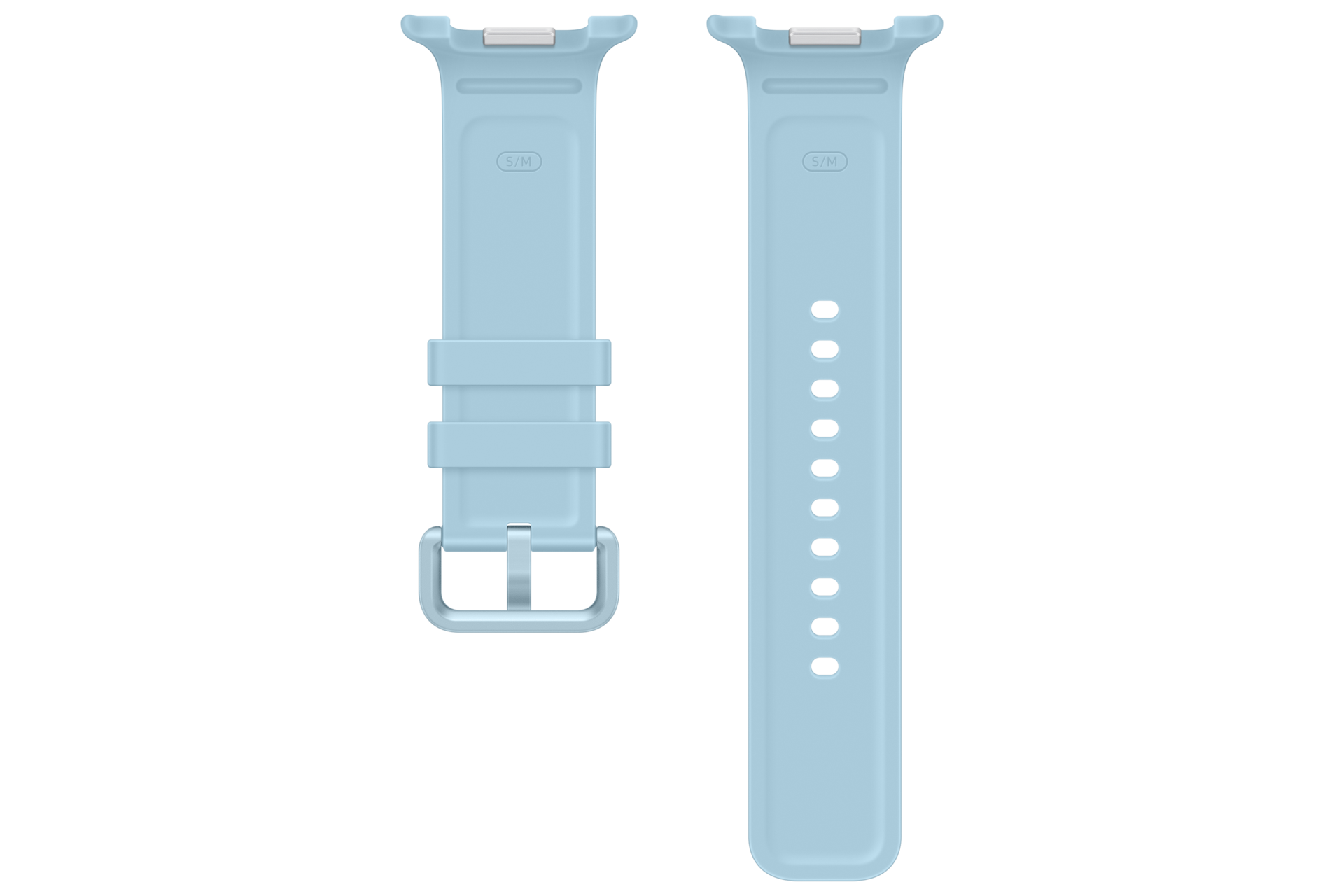 Un cinturino per orologio in silicone azzurro, in due parti, con fibbia e fori di regolazione, su sfondo nero.