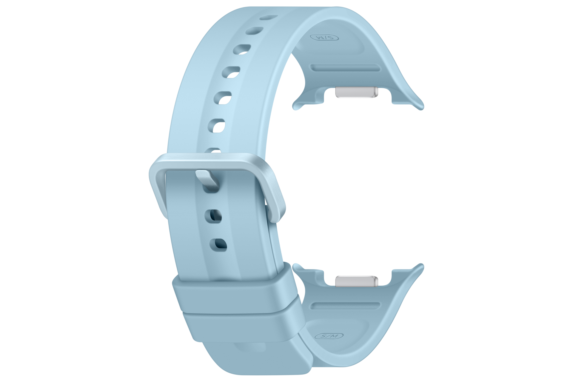 Un cinturino per orologio in silicone azzurro con fibbia in metallo su sfondo nero.