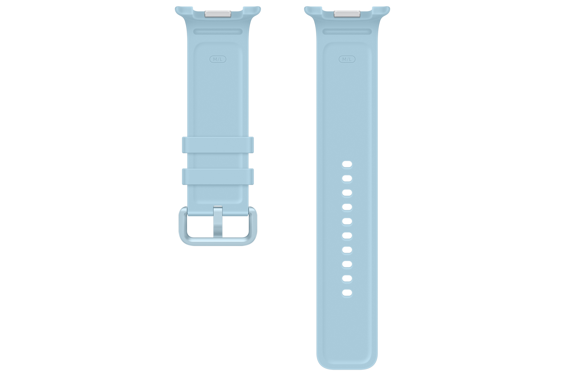 Due cinturini per smartwatch azzurri su sfondo nero, uno con fibbia e passanti, l'altro con fori.