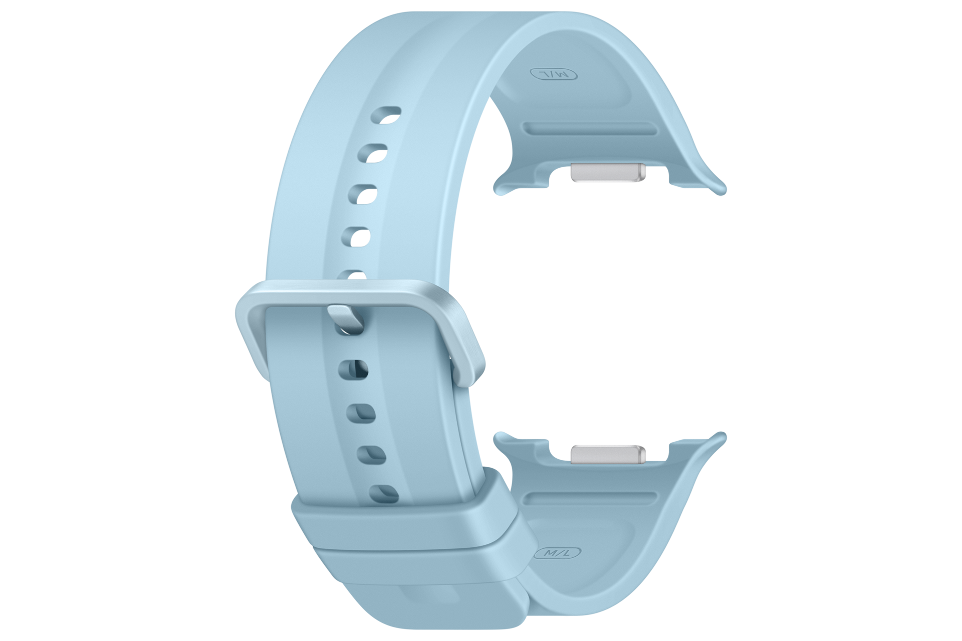 Un cinturino per smartwatch in silicone azzurro chiaro con fibbia su sfondo nero.