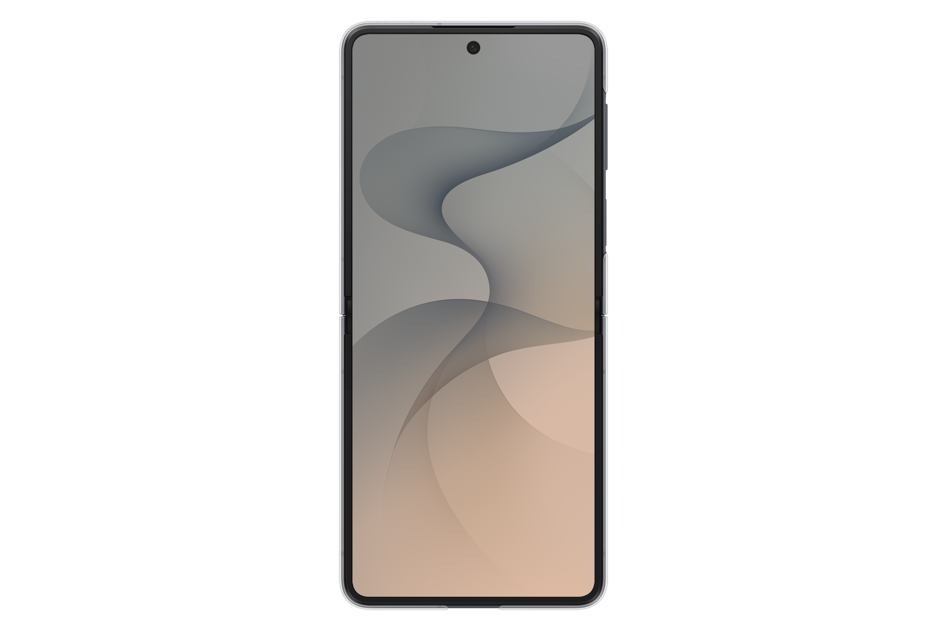 Uno smartphone con schermo pieghevole e sfondo ondulato su sfondo nero.