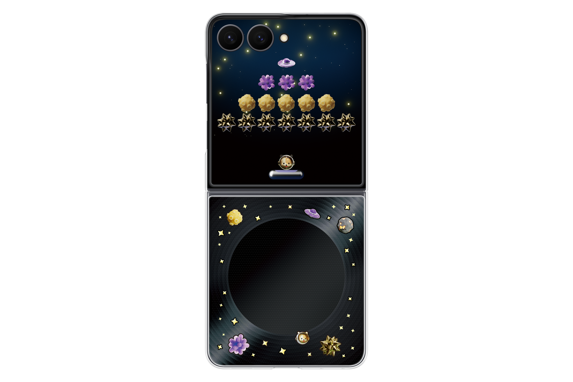 Uno smartphone pieghevole mostra un gioco spaziale sullo schermo superiore e un design esterno a tema spaziale.