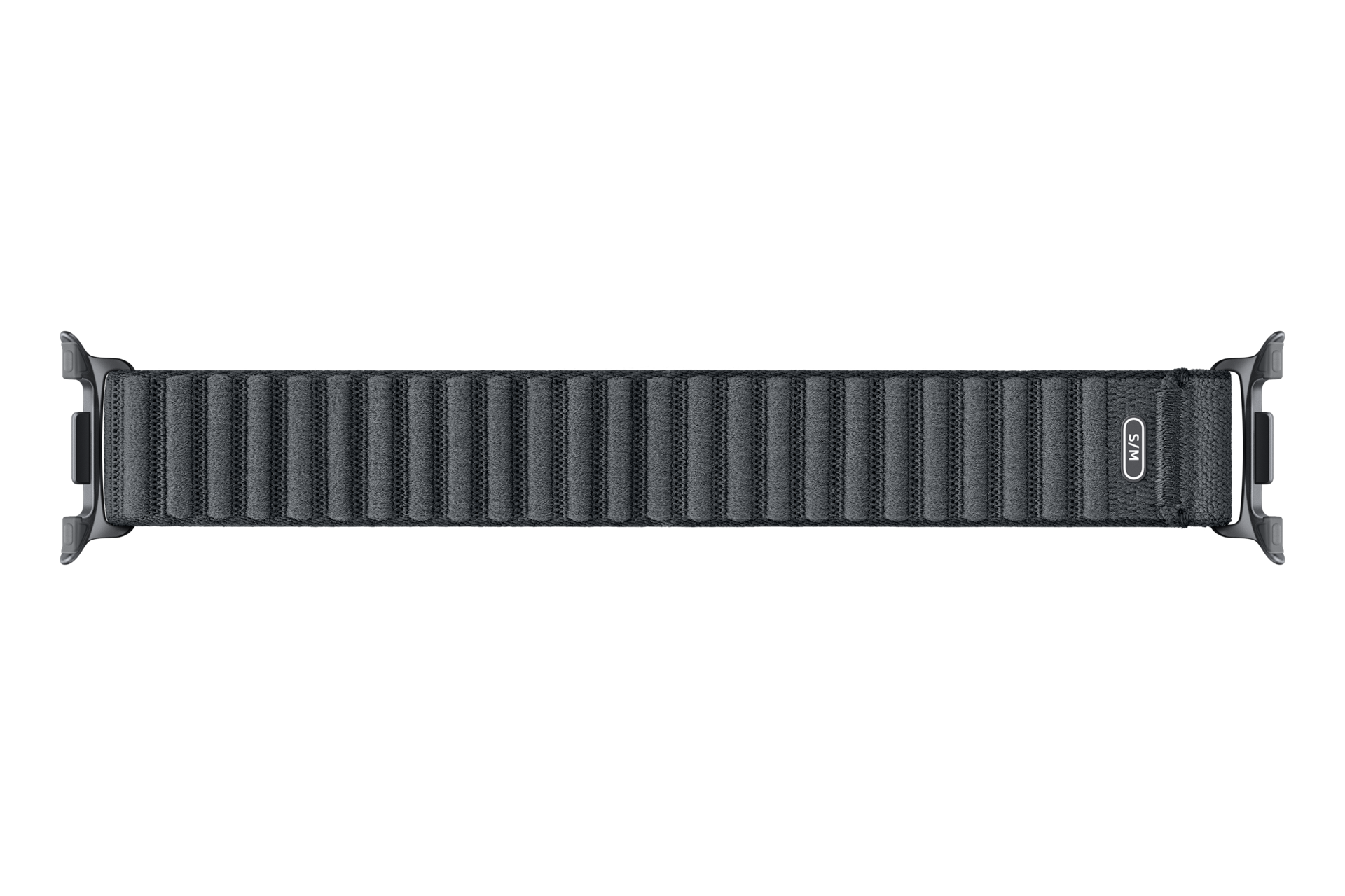 Una correa Alpine Loop negra para Apple Watch con lengüetas de fijación sobre fondo negro.