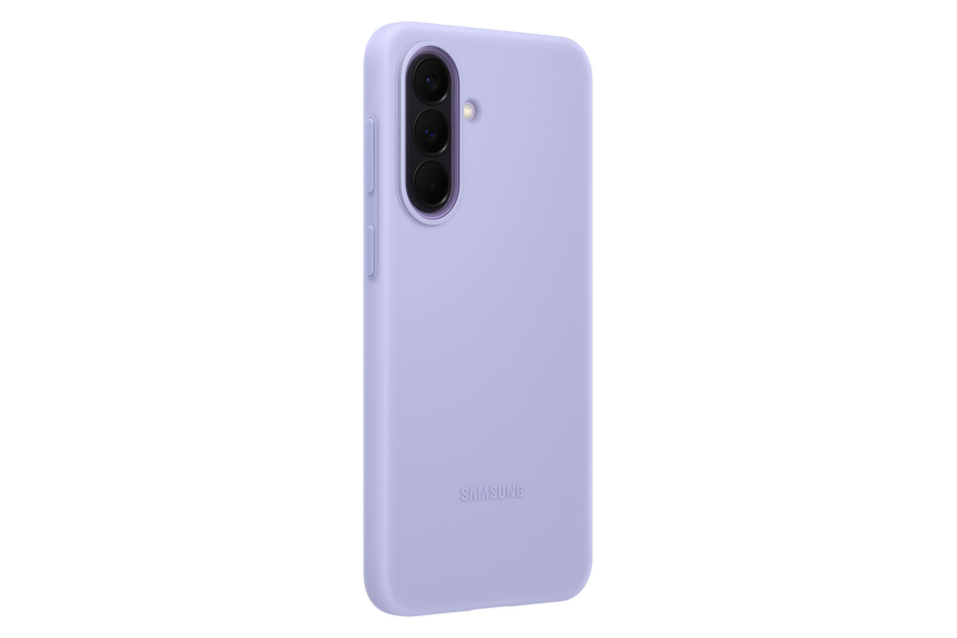 Retro di uno smartphone viola chiaro con tre fotocamere verticali e il logo Samsung su sfondo nero.