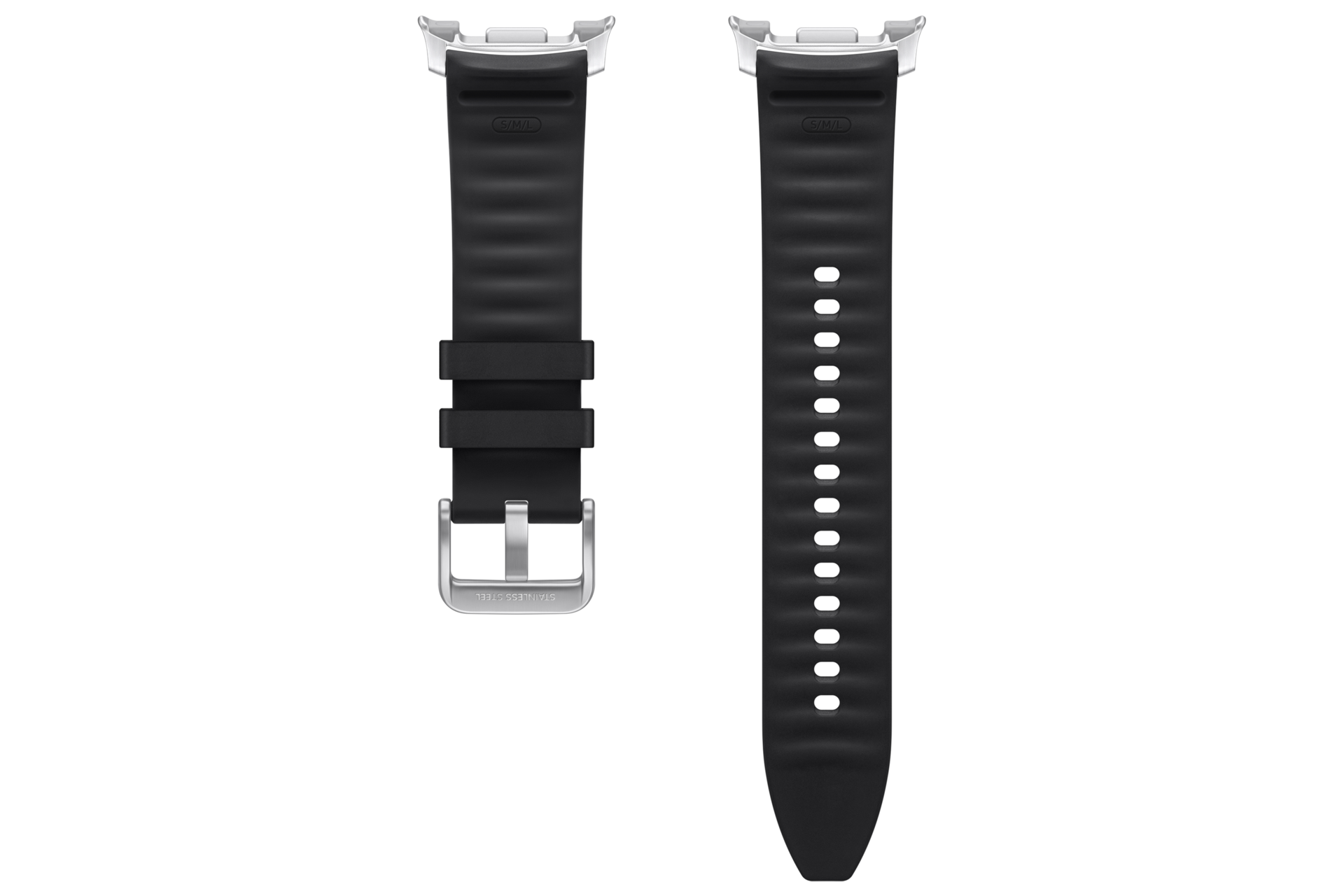 Cinturino per orologio in silicone nero con fibbia in acciaio inossidabile argento su sfondo nero.