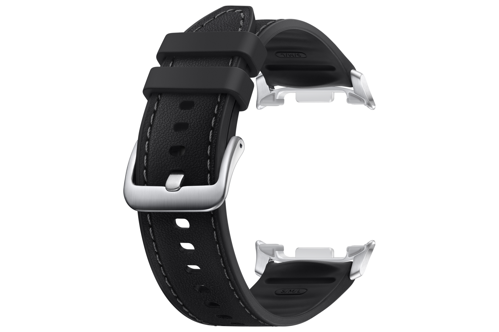 Cinturino per orologio in pelle nera con fibbia argentata su sfondo nero.