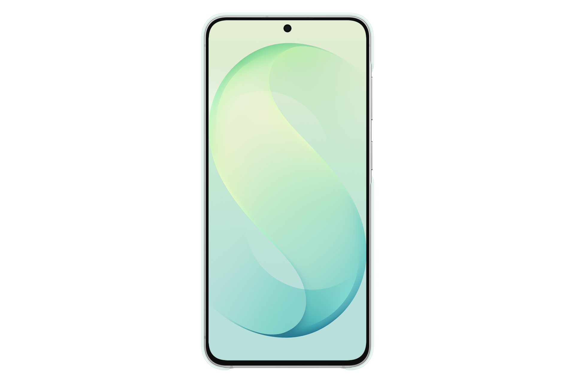 Uno smartphone con custodia bianca e uno sfondo astratto verde menta sul display.