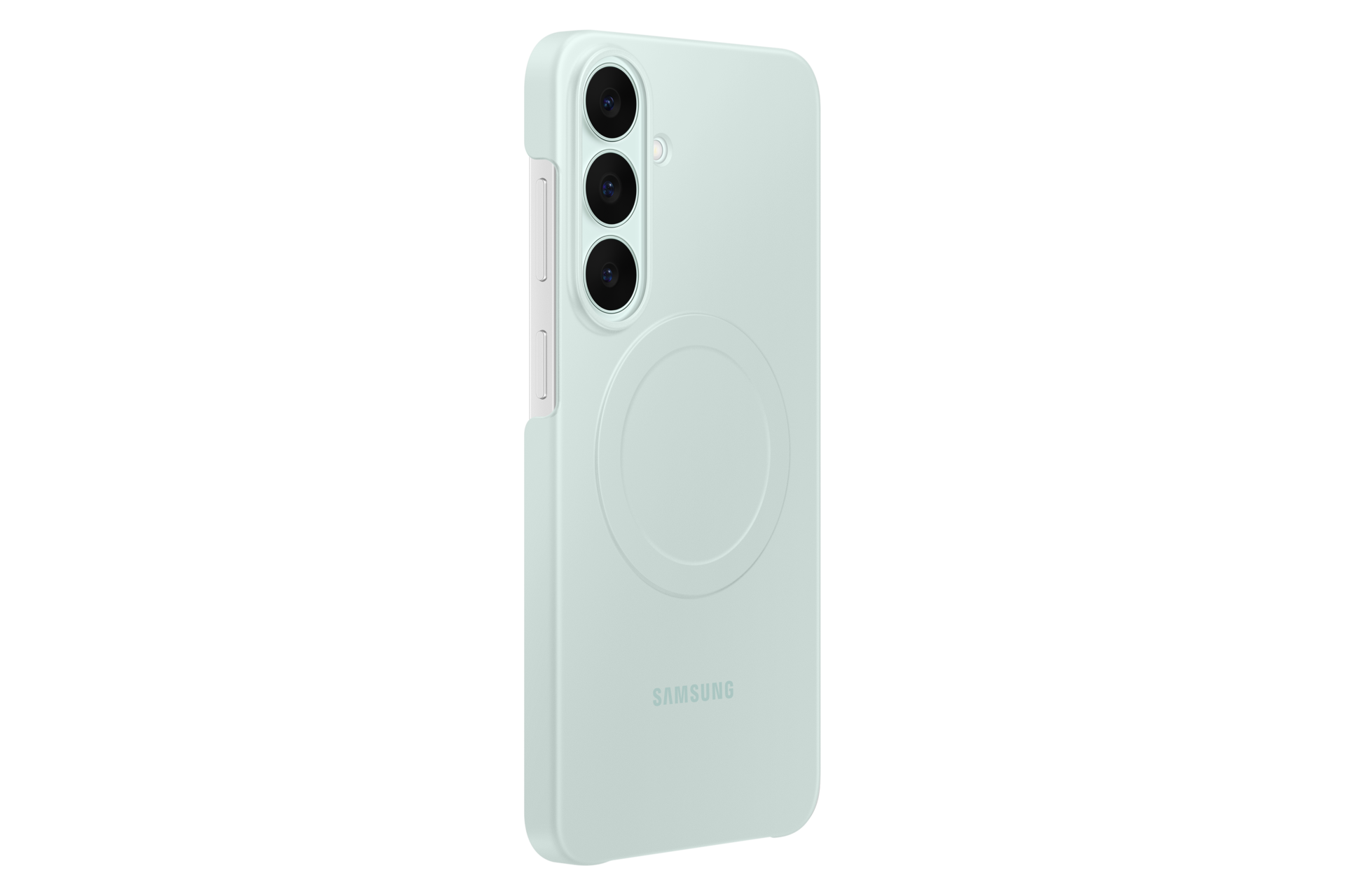 Custodia per smartphone Samsung verde chiaro con tre fotocamere verticali e un anello magnetico circolare.
