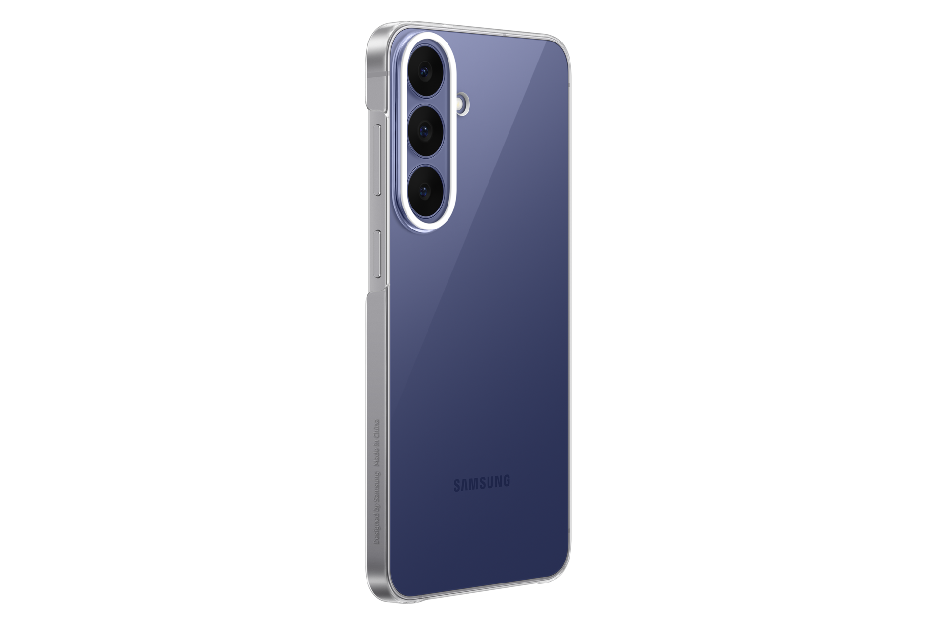 Uno smartphone viola con custodia trasparente e tre fotocamere verticali sul retro su sfondo nero.