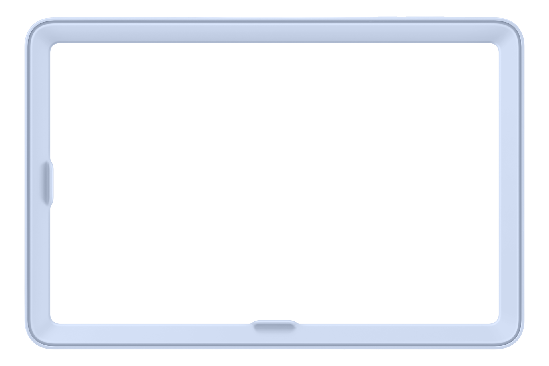 Cornice per tablet bianca con schermo nero su sfondo nero.