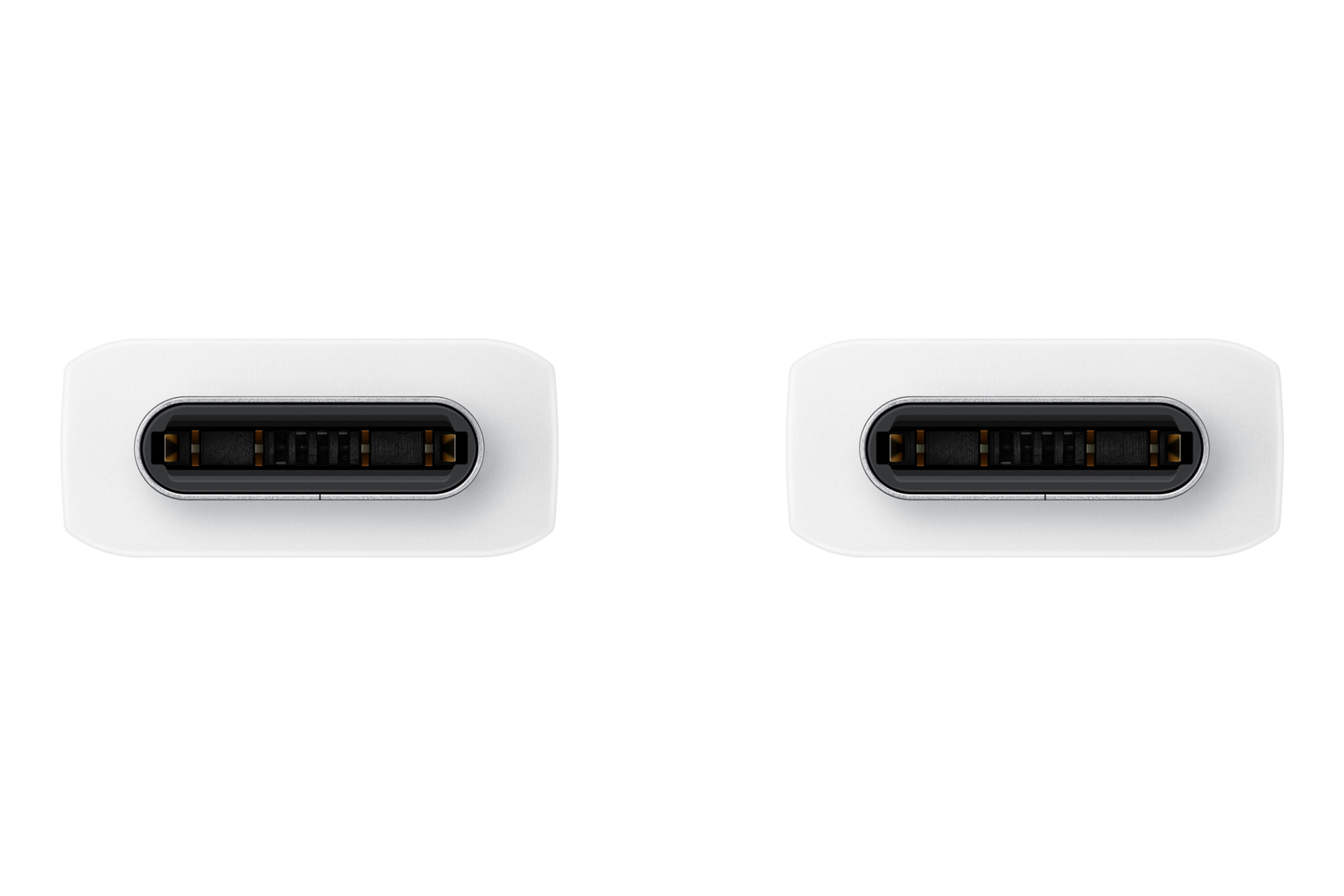 Zwei weiße USB-C-Stecker nebeneinander vor schwarzem Hintergrund mit sichtbaren Metallkontakten.