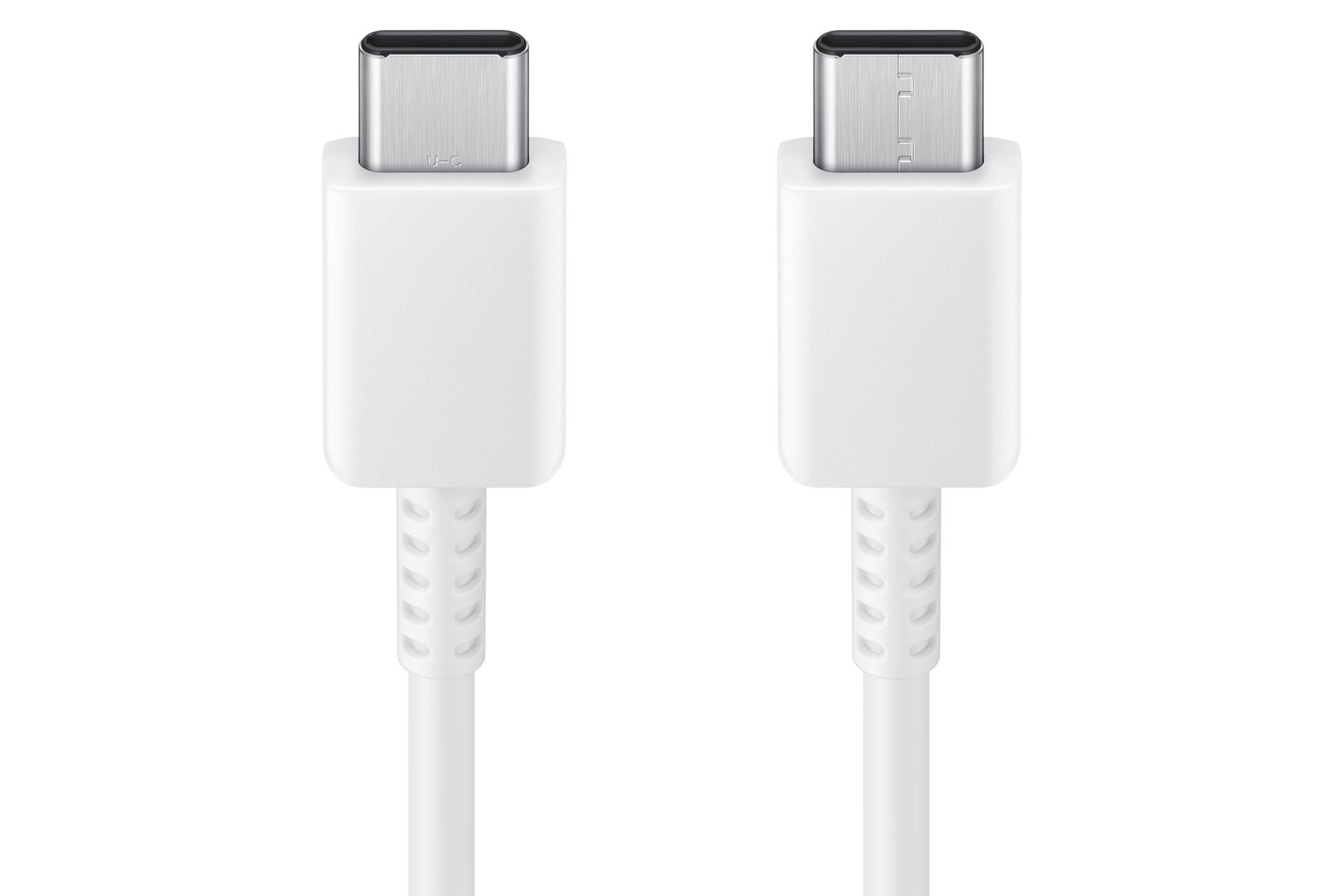 Zwei weiße USB-C-Kabelstecker vor schwarzem Hintergrund.