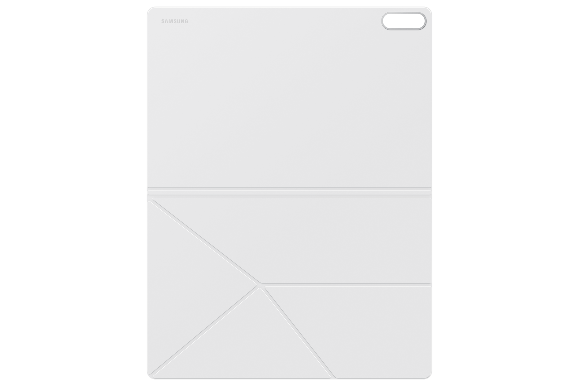 Una custodia bianca per tablet Samsung con linee di piegatura geometriche e foro per fotocamera su sfondo nero.