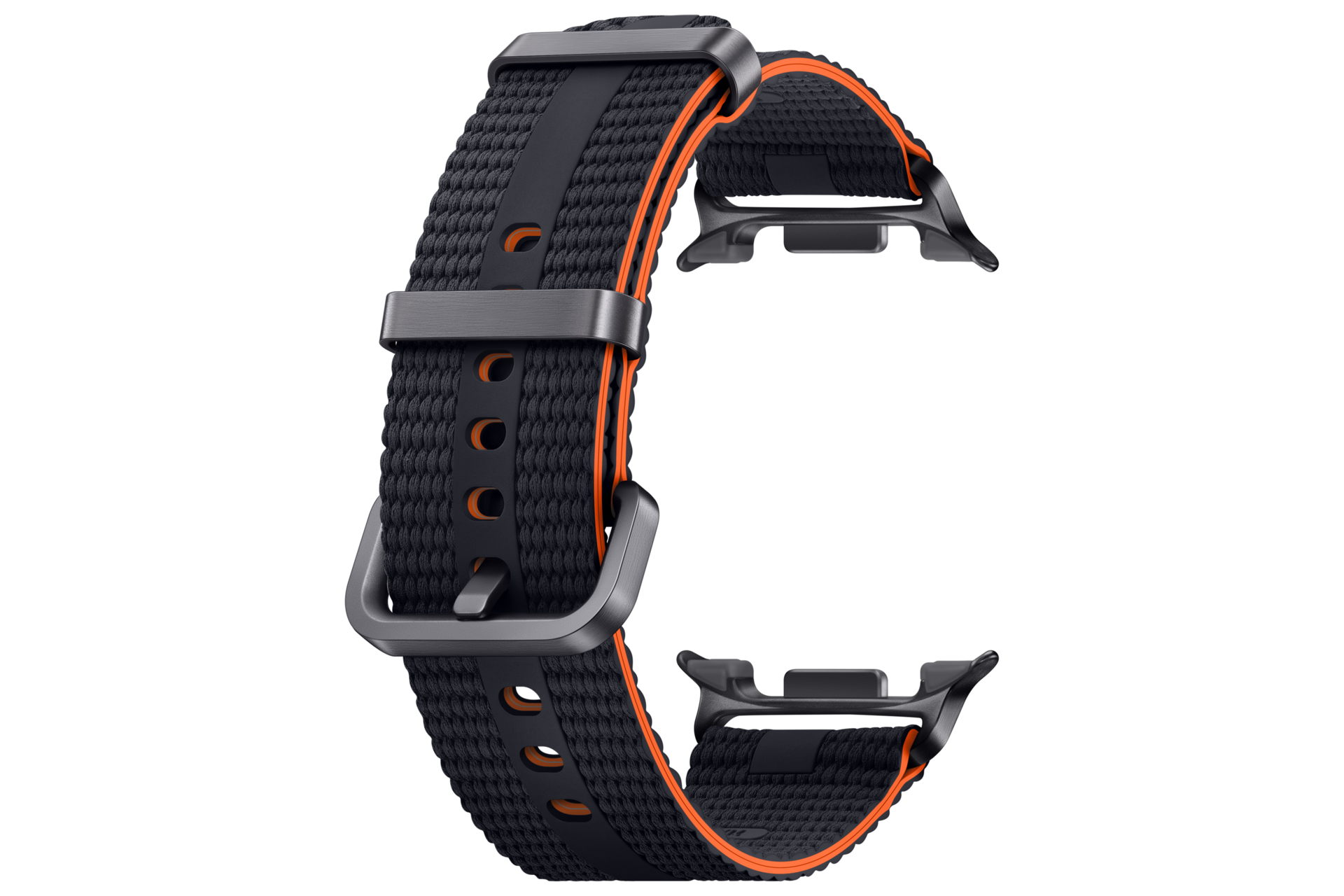 Un cinturino per smartwatch in tessuto nero con dettagli arancioni e fibbia in metallo su sfondo nero.