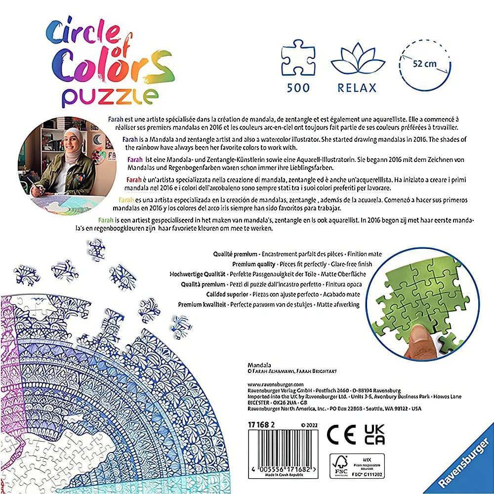 Rückseite einer Puzzle-Verpackung mit Mandala-Design, Künstlerinfo und Details.
