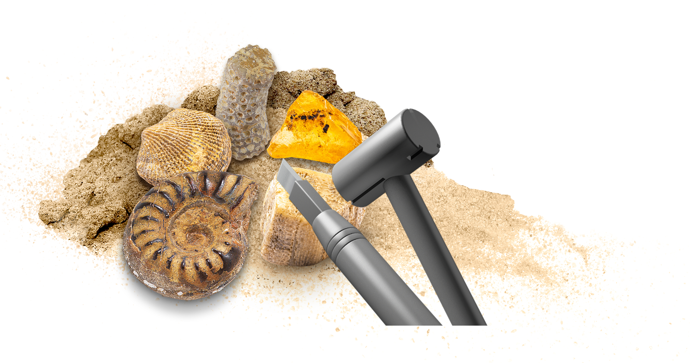 Fossilien, Bernstein sowie ein dunkler Hammer und Meißel liegen auf Sand vor weißem Hintergrund.