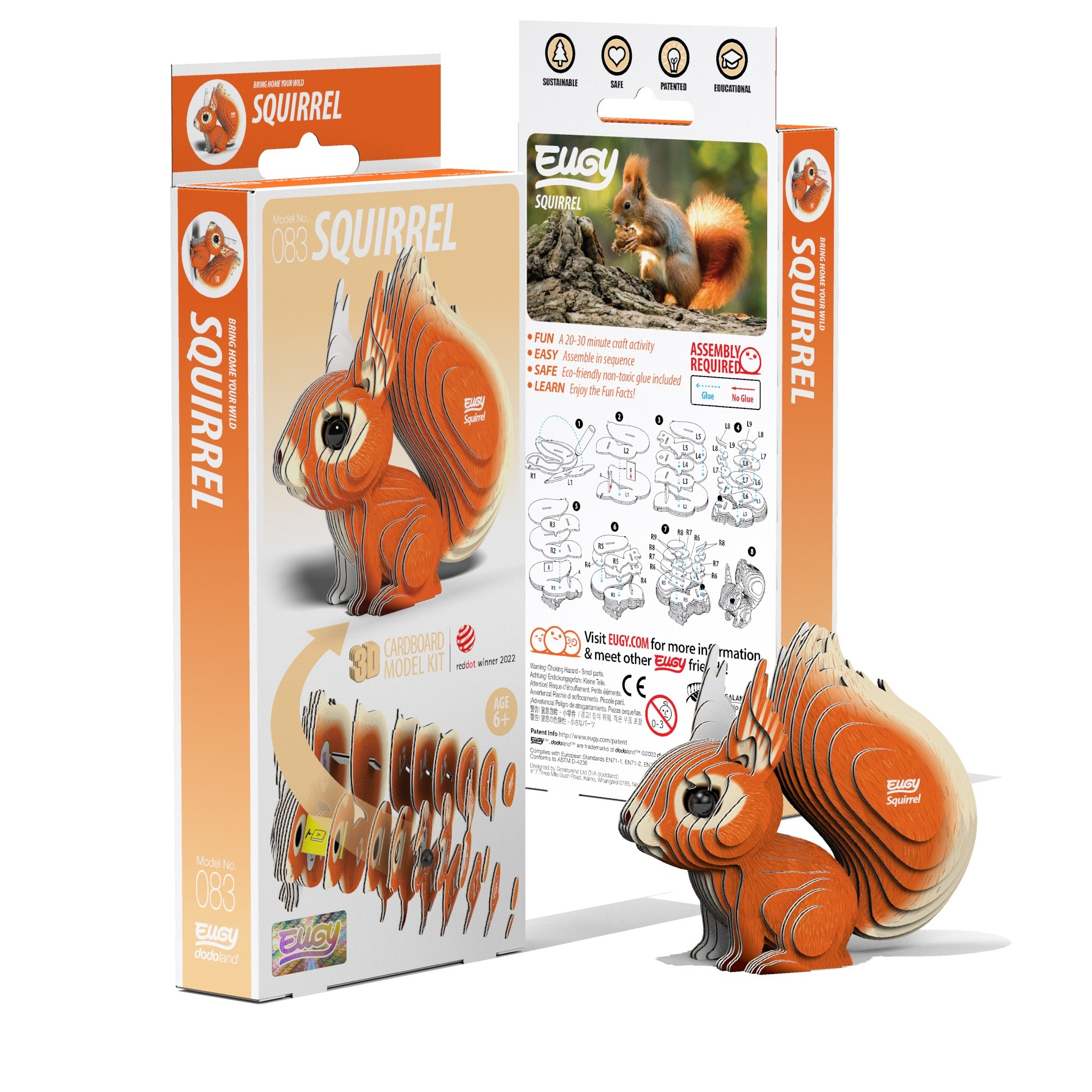 Kit de modèle 3D en carton EUGY pour écureuil, présenté avec l'emballage et le modèle assemblé.