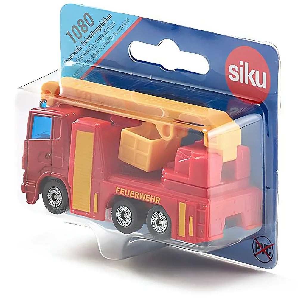 Un camion dei pompieri giocattolo Siku confezionato con scala arancione e scritta Feuerwehr.