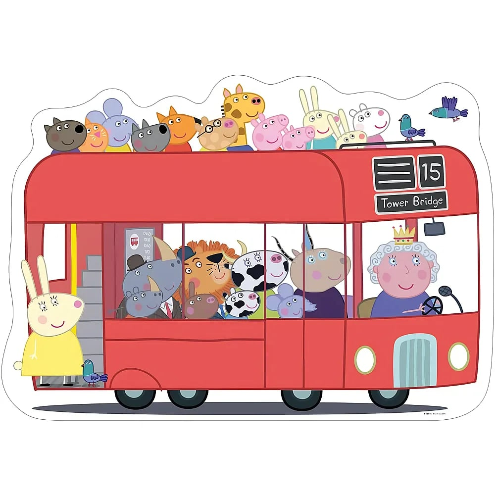 Peppa Wutz und Freunde fahren in einem roten Doppeldeckerbus, den die Königin fä
