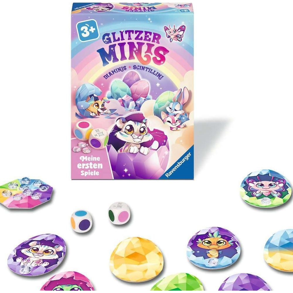 Ravensburger Glitzer Minis Gesellschaftsspiel-Schachtel mit bunten Plättchen, Würfeln und Tieren.