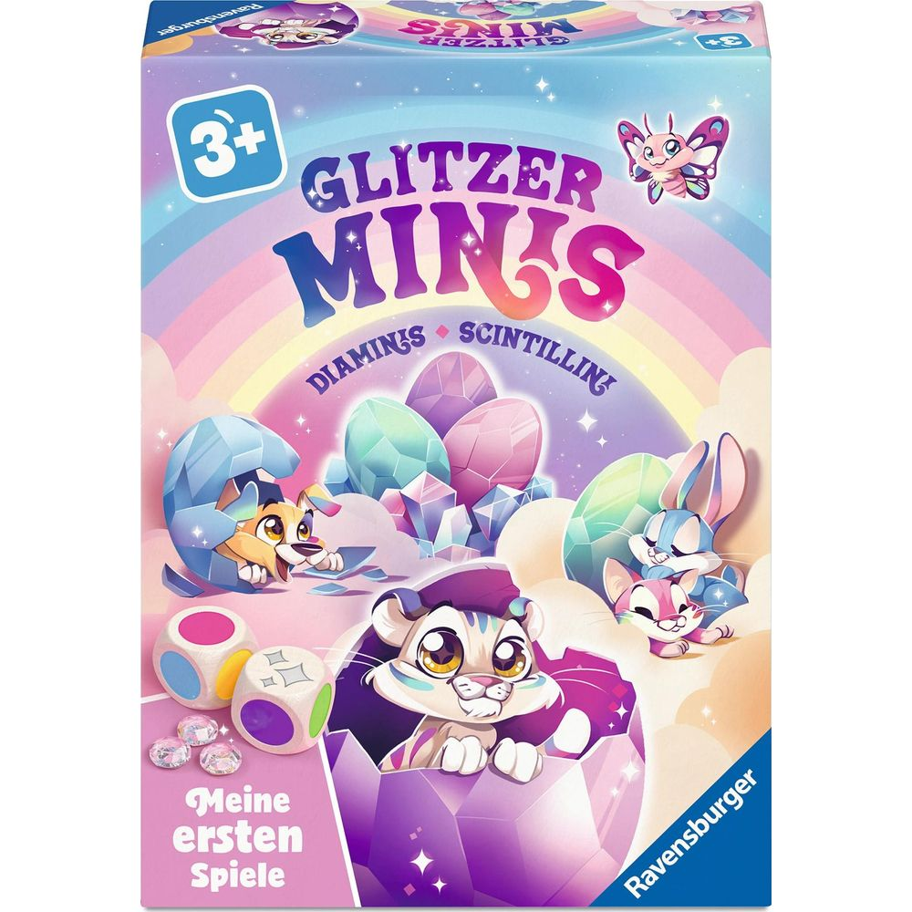Ravensburger Glitzer Minis Spielschachtel mit süssen Tieren, die aus bunten Kristalleiern schlüpfen.
