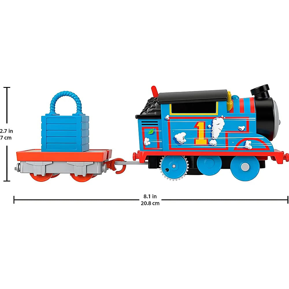 Trenino giocattolo Thomas the Tank Engine con un vagone merci blu su sfondo bianco con misure.