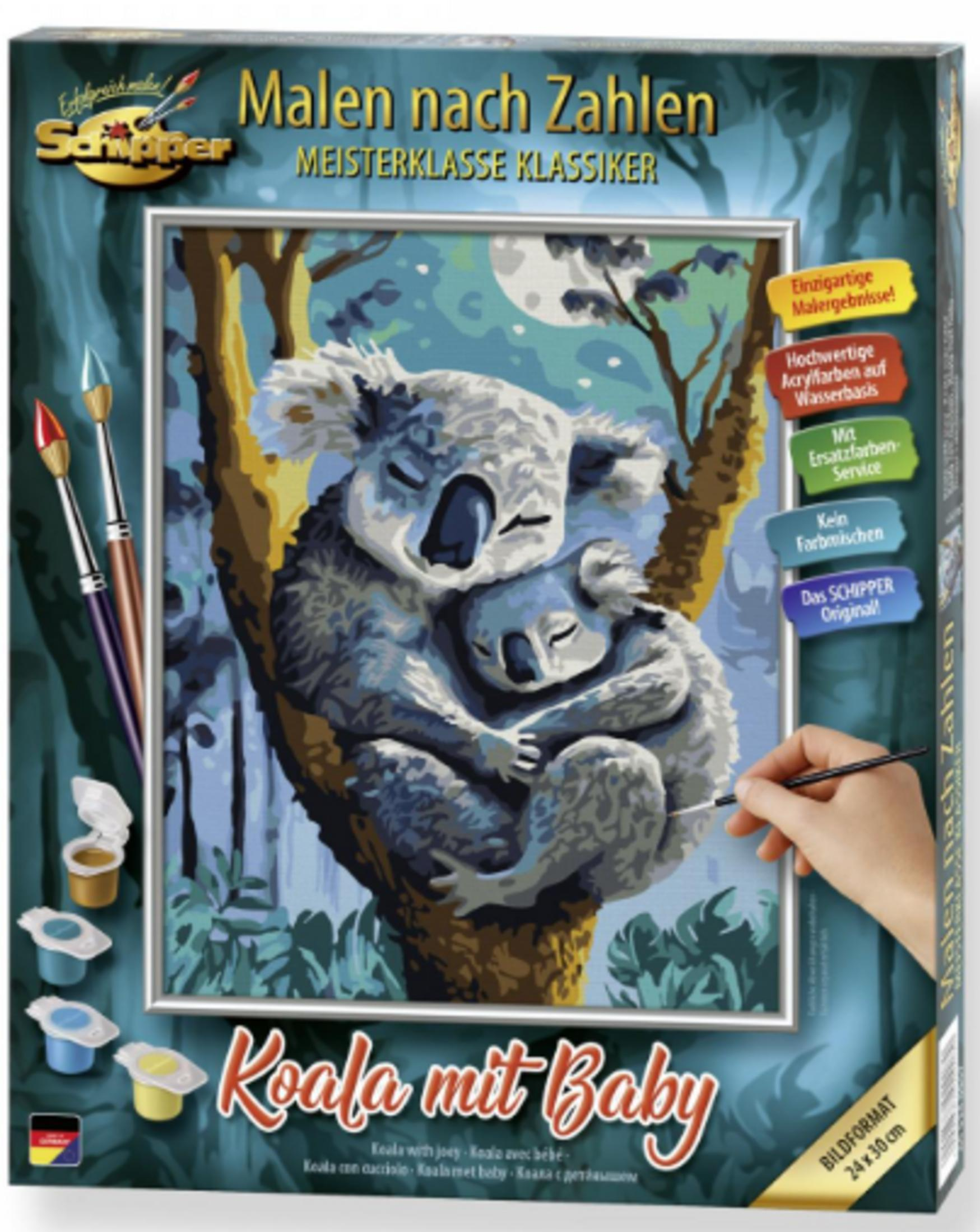 Eine Schipper Malen nach Zahlen-Schachtel zeigt einen Koala mit Baby auf einem Baum bei Nacht unter Vollmond.