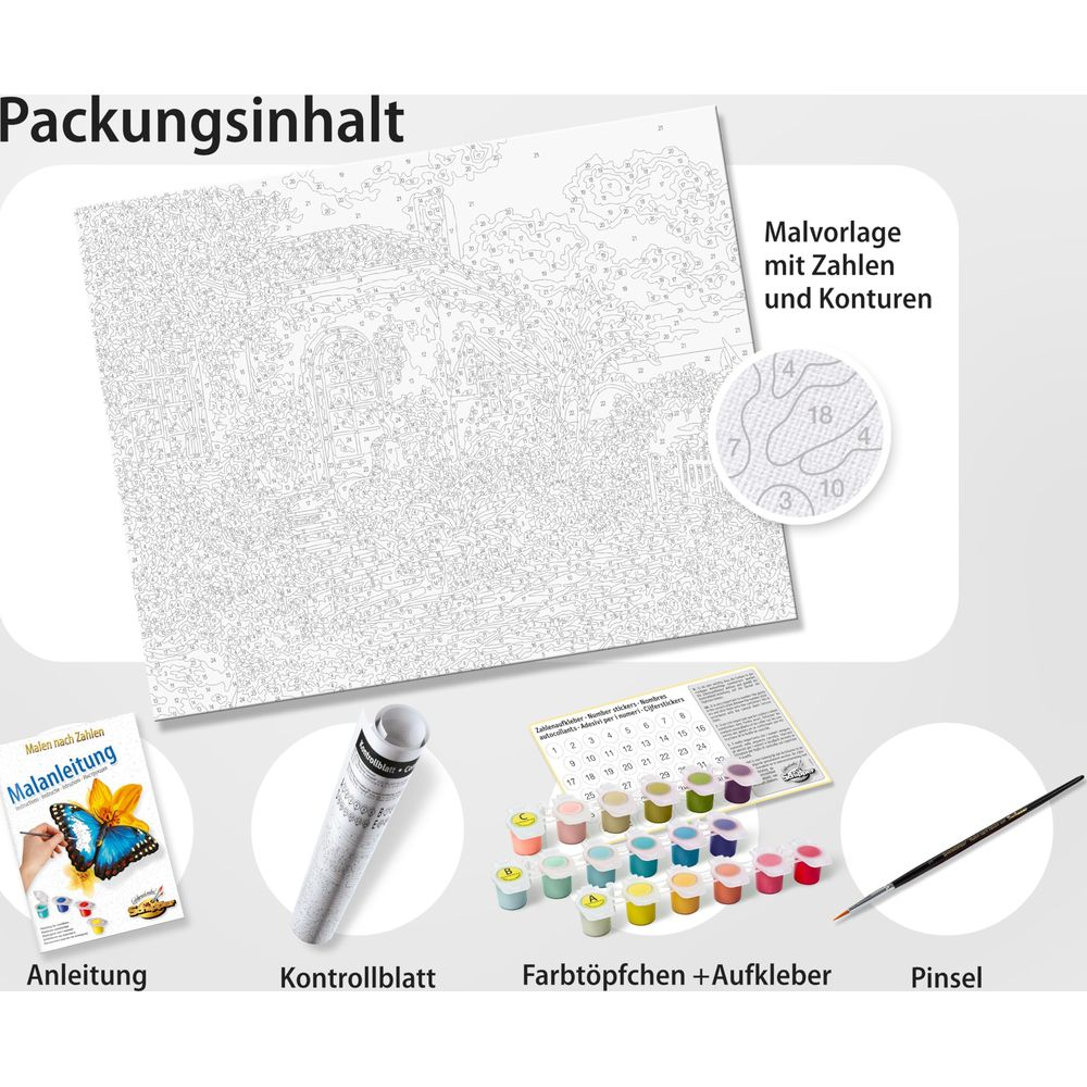 Packungsinhalt Malen nach Zahlen mit Anleitung, Vorlage, Farbtöpfen, Aufklebern und Pinsel.