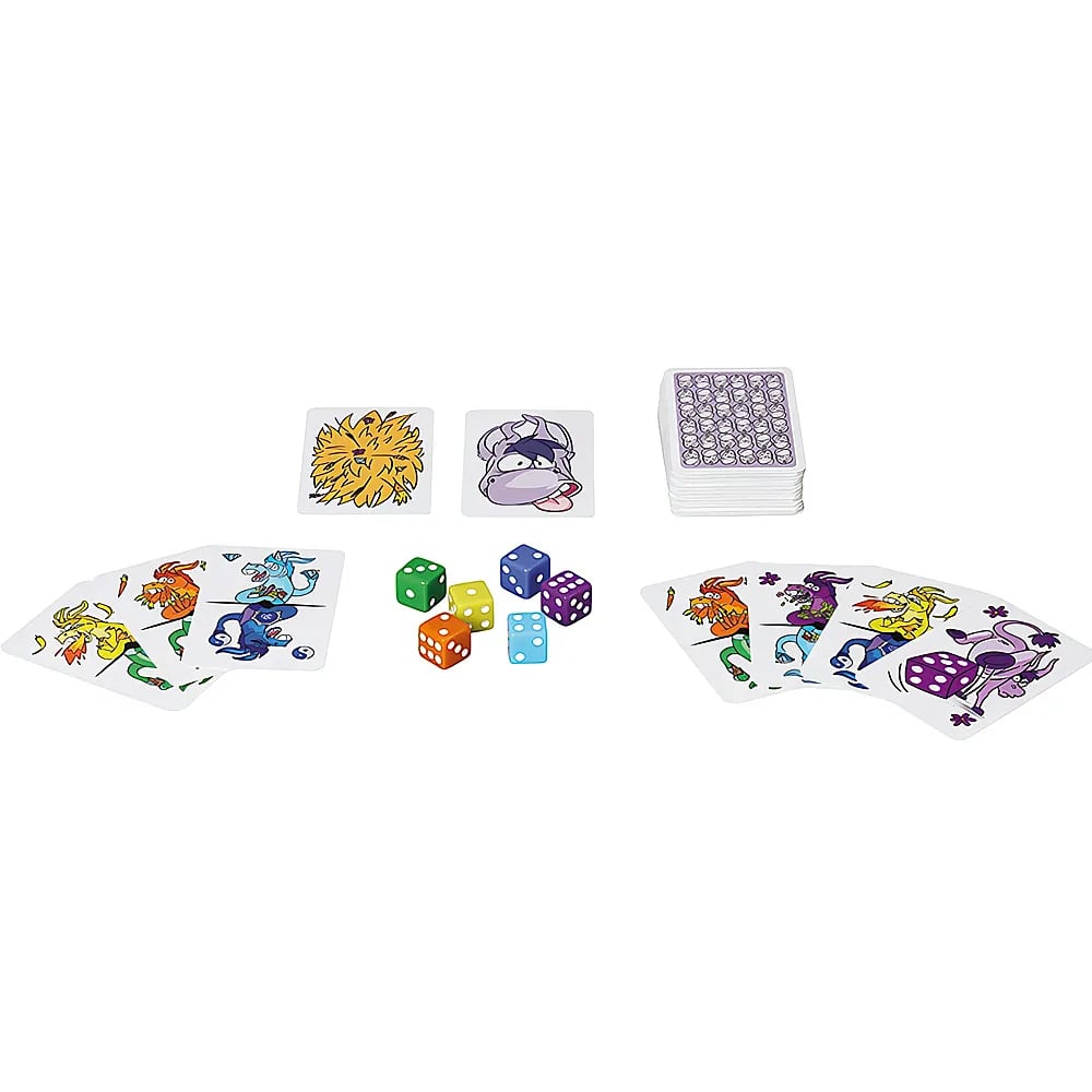 Un gioco di carte con carte colorate, cinque dadi e un mazzo su sfondo bianco.