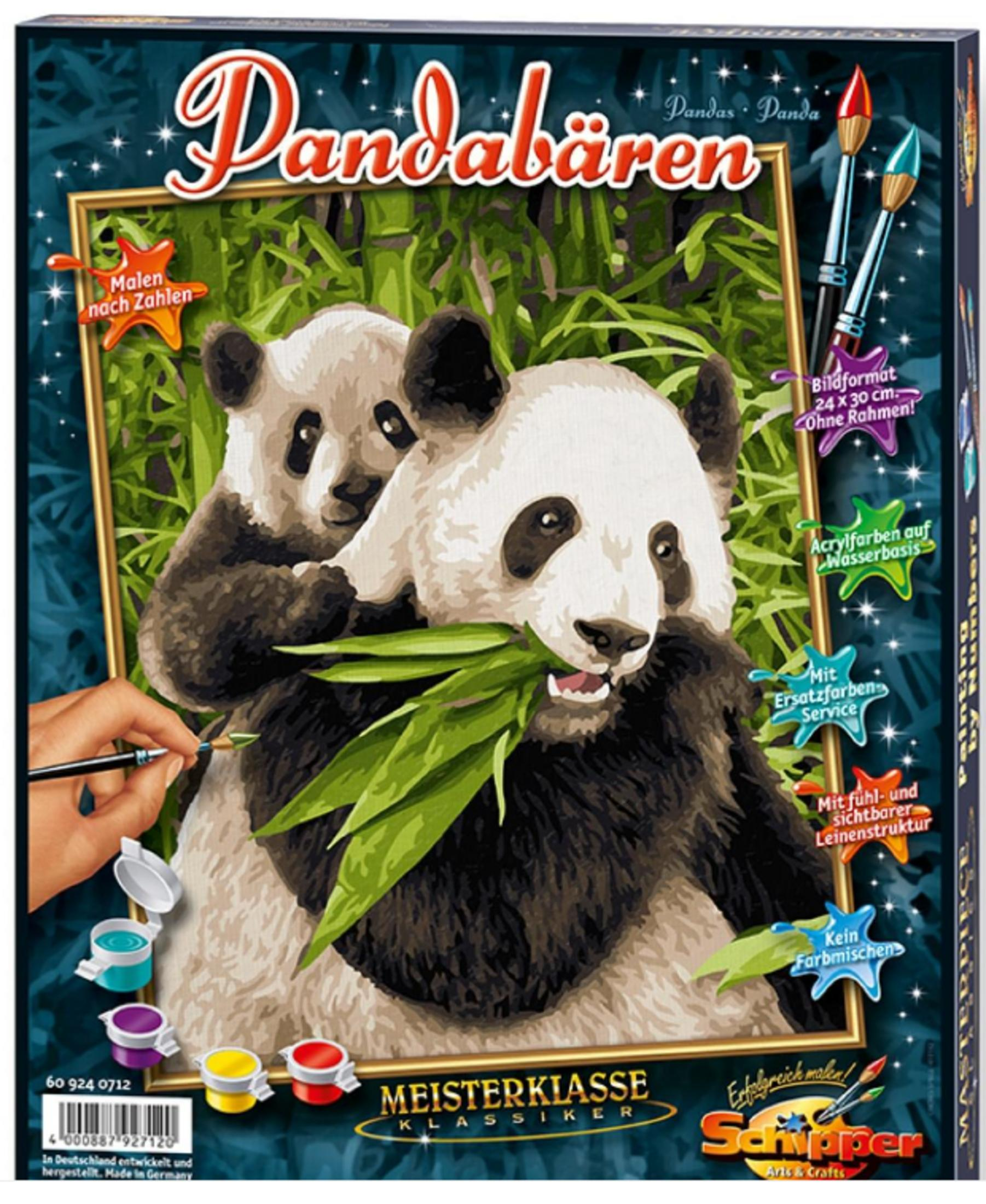 Set di pittura con i numeri mostra due panda che mangiano bambù, con colori e pennelli.