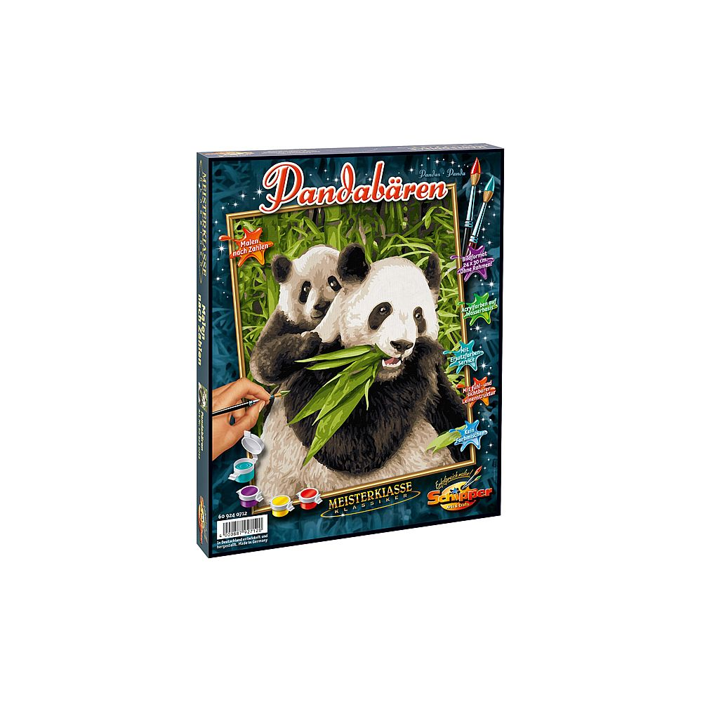 Una scatola di pittura con i numeri mostra due panda che mangiano bambù, circondati dalla natura verde.