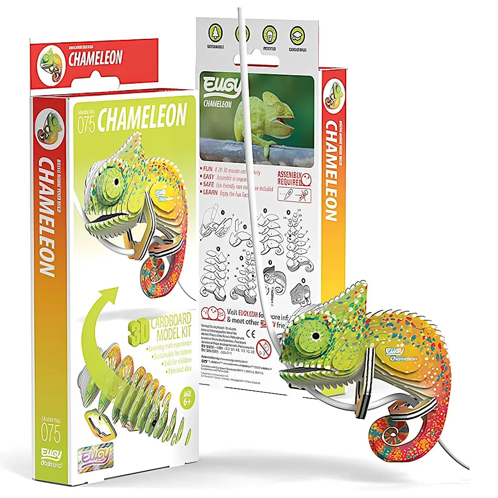 Un kit di modello 3D in cartone di un camaleonte con la sua confezione, con colori verdi e rossi.