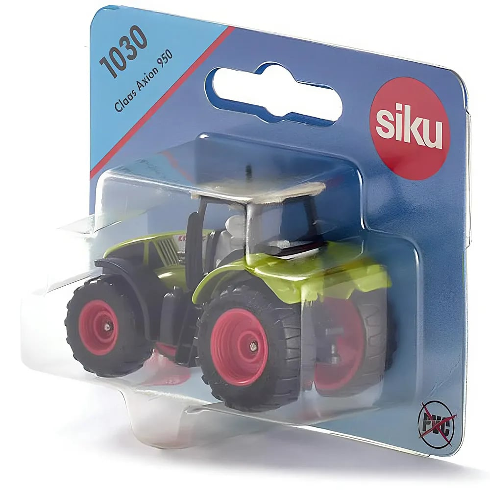 Un trattore giocattolo Claas Axon 950 verde e nero di siku nella confezione blister blu originale.