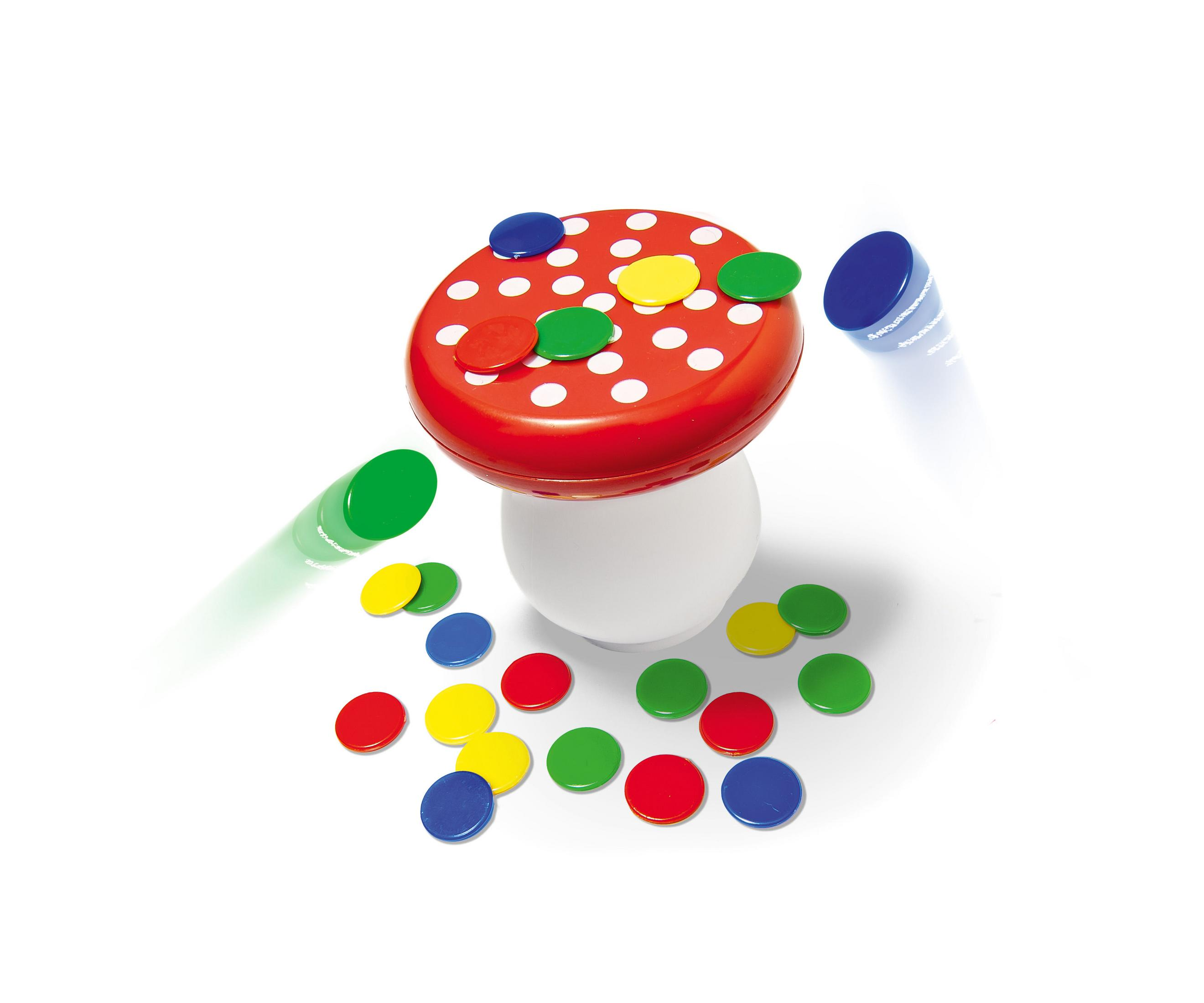 Un giocattolo a forma di fungo rosso e bianco circondato da gettoni colorati in movimento.