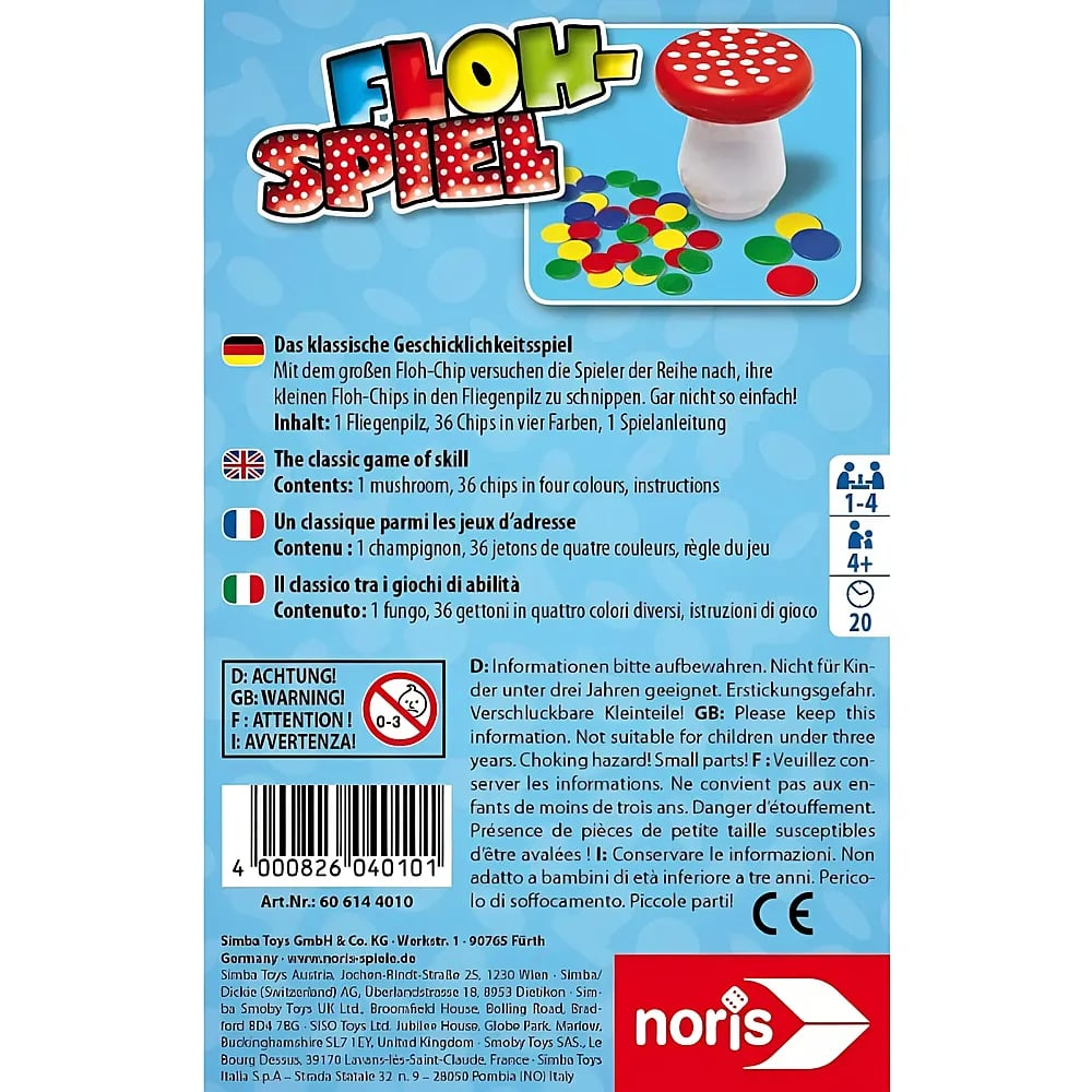 Retro di una scatola di gioco con fungo rosso, gettoni colorati, regole e avvertenze di sicurezza.