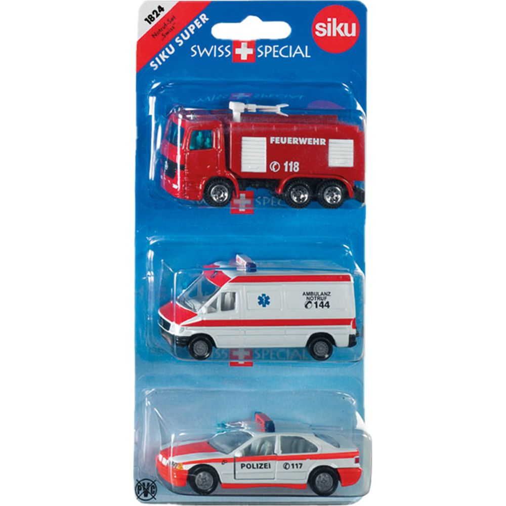 Set di veicoli d'emergenza Siku Super Swiss Special con camion dei pompieri rosso, ambulanza e auto della polizia.