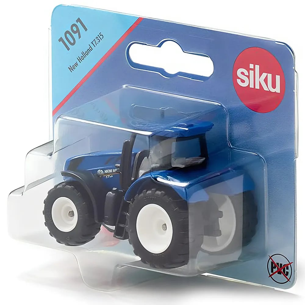 Un trattore giocattolo Siku modello 1091 New Holland T7.315 nella confezione originale.