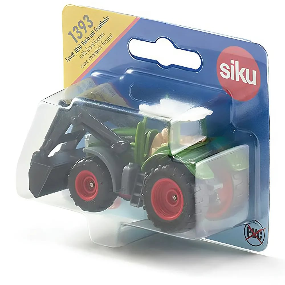 Un trattore giocattolo Fendt verde con caricatore frontale in un blister Siku blu e giallo.
