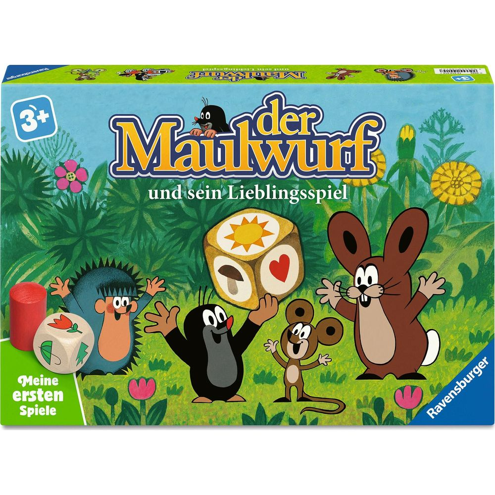 Scatola di gioco Ravensburger con talpa, riccio, coniglio e topo nell'erba.