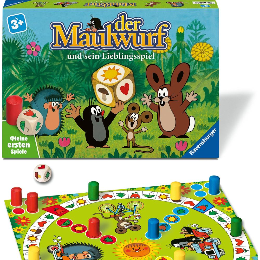 Gioco da tavolo Ravensburger 'Der Maulwurf und sein Lieblingsspiel' con figure colorate, dadi e tabellone.